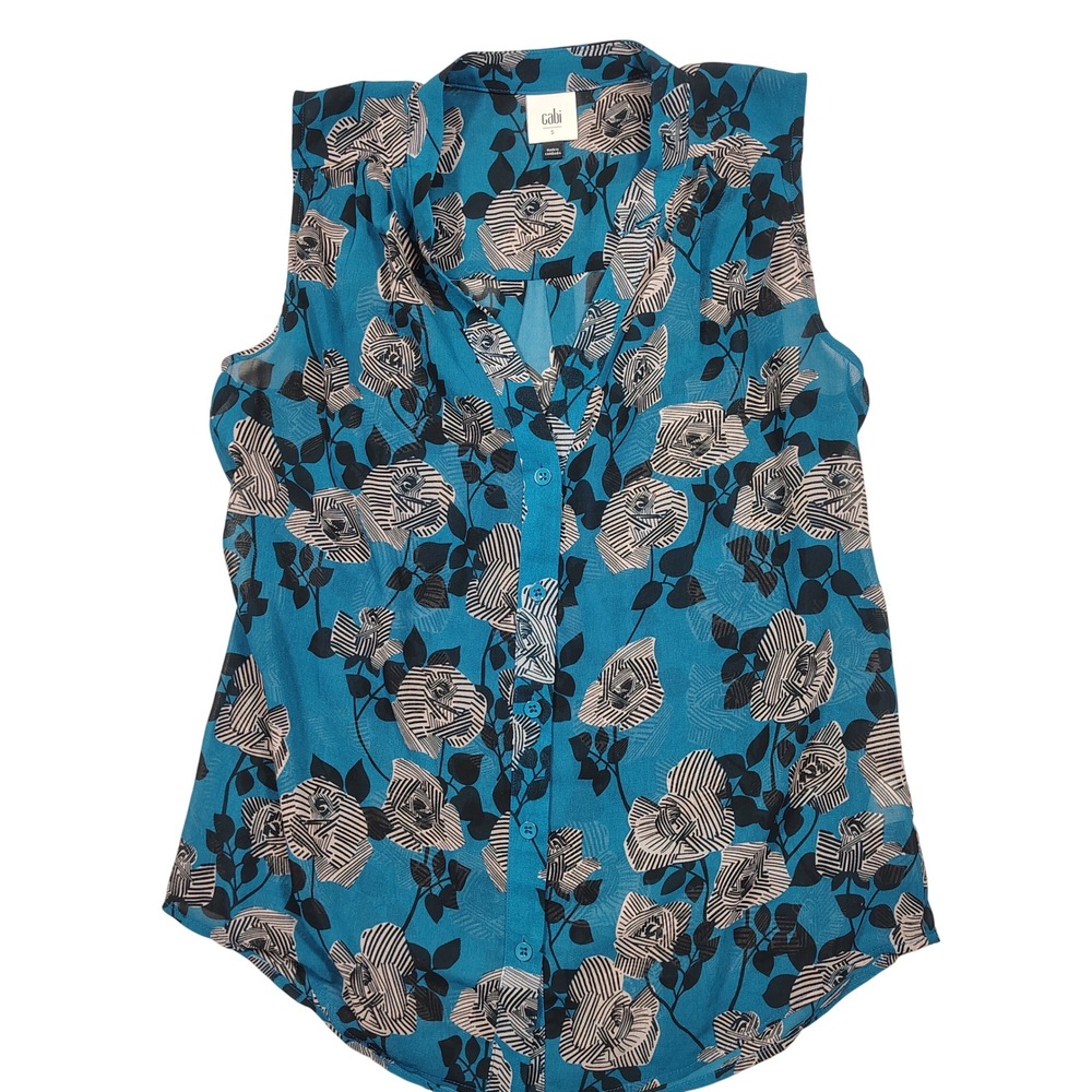 Cabi Sleeveless Blouse Womens S Teal Floral Geometric Button Down Chiffon 4180